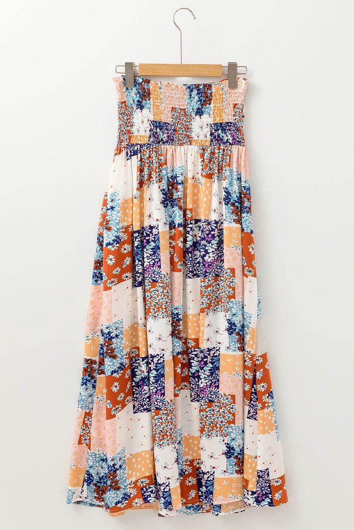 Orange Floral Patchwork Printed Frilled Bandeau Smocked High Waist Long Dress - Fashion Queen -  9