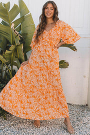 Orange Floral Print Smocked V Neck Wide Sleeve Maxi Dress - Fashion Queen -  1