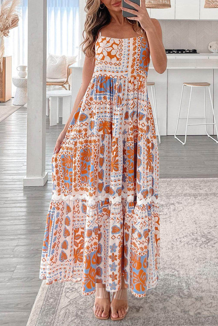 Orange Multi Printed Ricrac Trim Spaghetti Straps Maxi Dress - Fashion Queen -  1