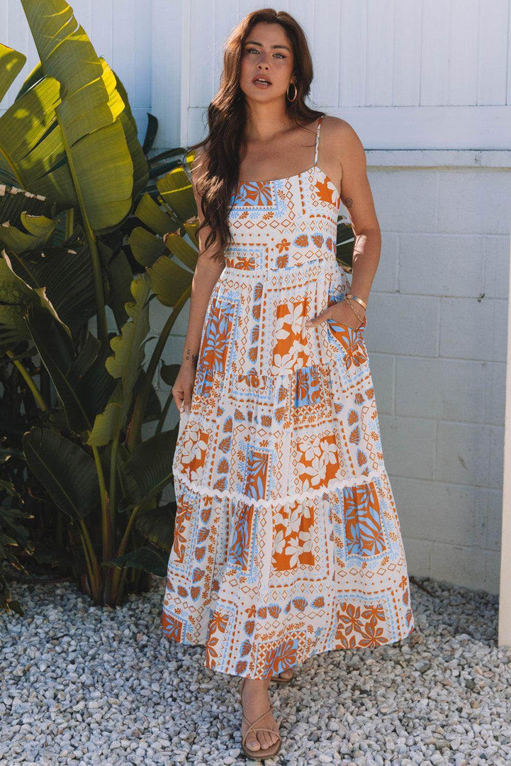 Orange Multi Printed Ricrac Trim Spaghetti Straps Maxi Dress - Fashion Queen -  15