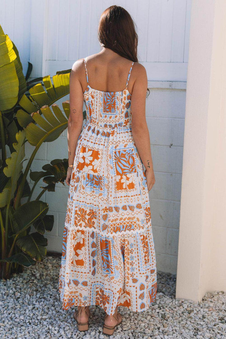 Orange Multi Printed Ricrac Trim Spaghetti Straps Maxi Dress - Fashion Queen -  16
