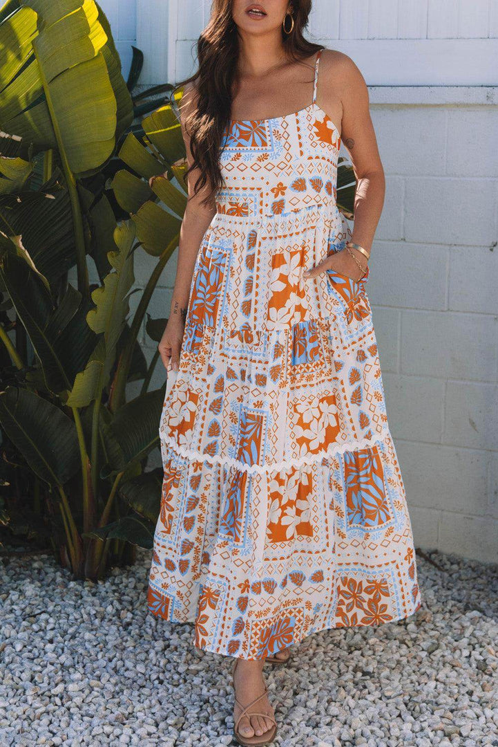 Orange Multi Printed Ricrac Trim Spaghetti Straps Maxi Dress - Fashion Queen -  19