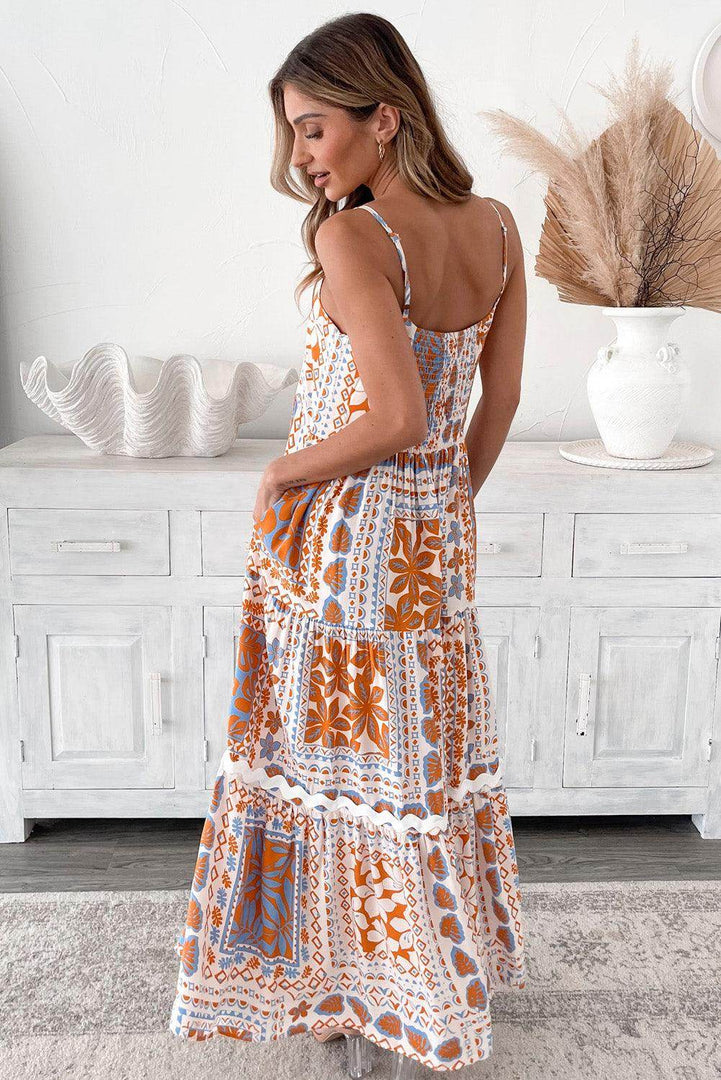 Orange Multi Printed Ricrac Trim Spaghetti Straps Maxi Dress - Fashion Queen -  2