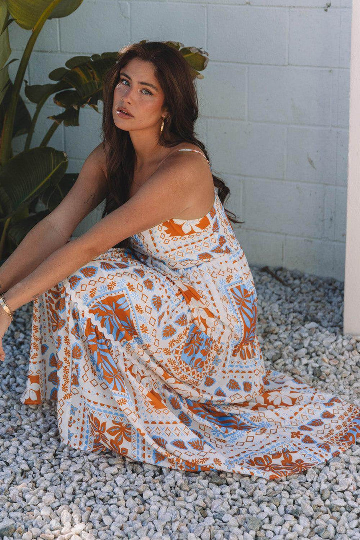 Orange Multi Printed Ricrac Trim Spaghetti Straps Maxi Dress - Fashion Queen -  20