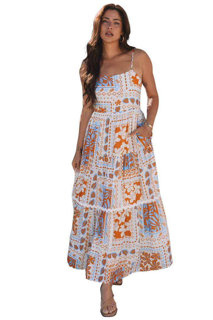 Orange Multi Printed Ricrac Trim Spaghetti Straps Maxi Dress - Fashion Queen -  21
