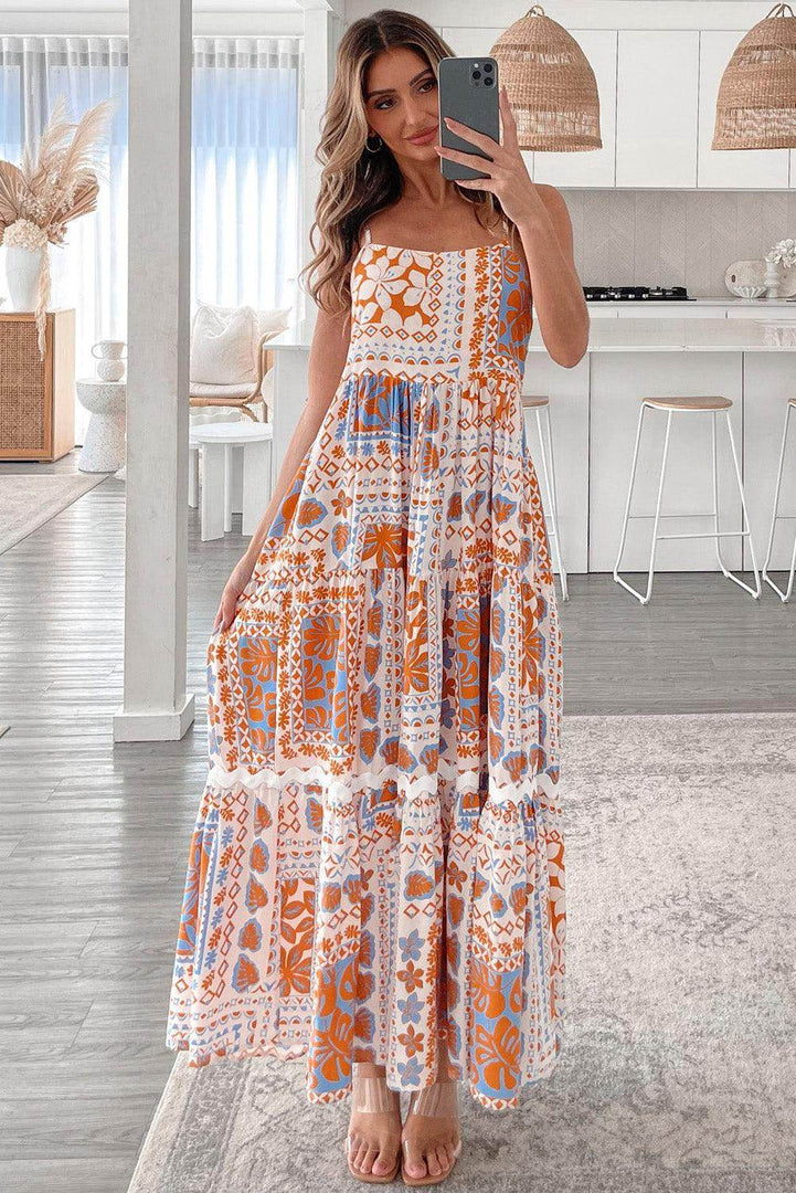 Orange Multi Printed Ricrac Trim Spaghetti Straps Maxi Dress - Fashion Queen -  5