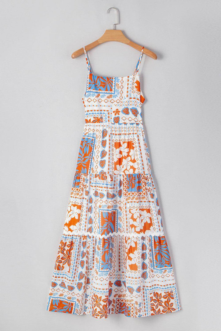 Orange Multi Printed Ricrac Trim Spaghetti Straps Maxi Dress - Fashion Queen -  7
