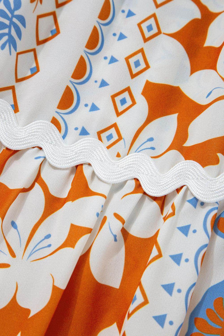Orange Multi Printed Ricrac Trim Spaghetti Straps Maxi Dress - Fashion Queen -  9