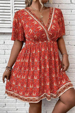 Load image into Gallery viewer, Orange Plus Size Printed Surplice Neck Empire Waist Flowy Mini Dress - Fashion Queen -  3
