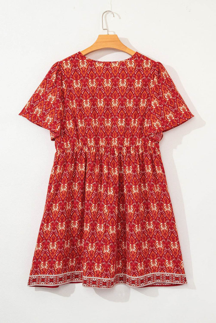 Orange Plus Size Printed Surplice Neck Empire Waist Flowy Mini Dress - Fashion Queen -  6