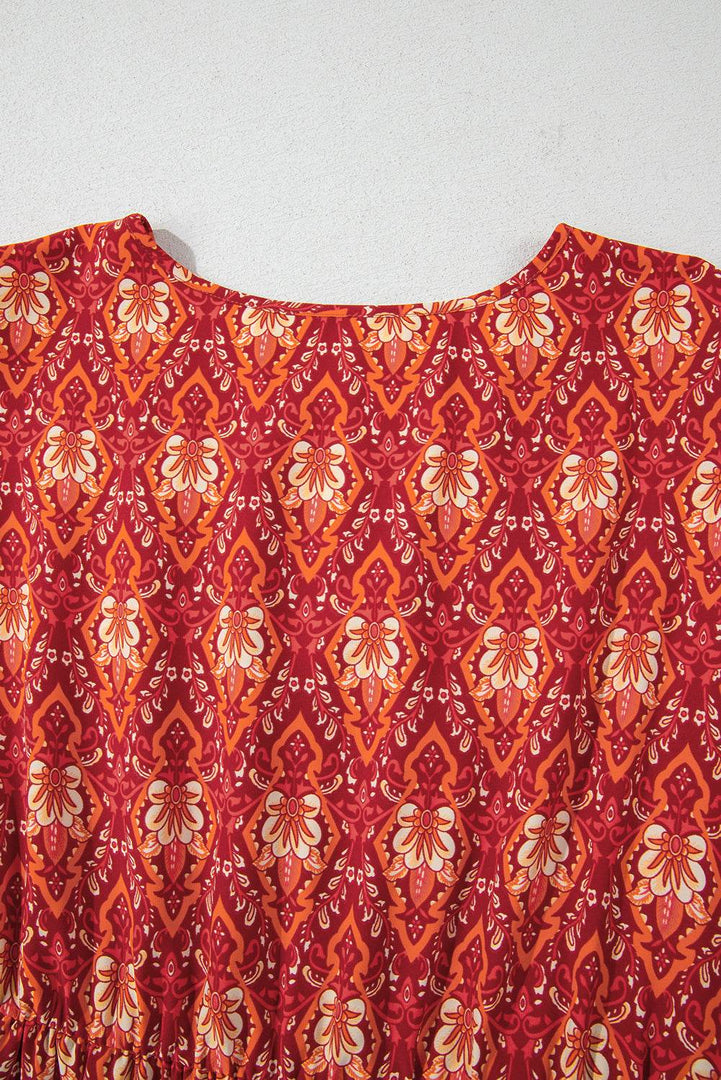 Orange Plus Size Printed Surplice Neck Empire Waist Flowy Mini Dress - Fashion Queen -  8