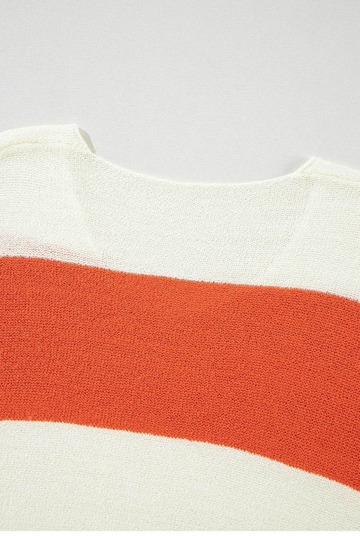 Orange Stripe Loose Color Block Drop Shoulder Bubble Sleeve Sweater - Fashion Queen -  10