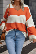 Load image into Gallery viewer, Orange Stripe Loose Color Block Drop Shoulder Bubble Sleeve Sweater - Fashion Queen -  2
