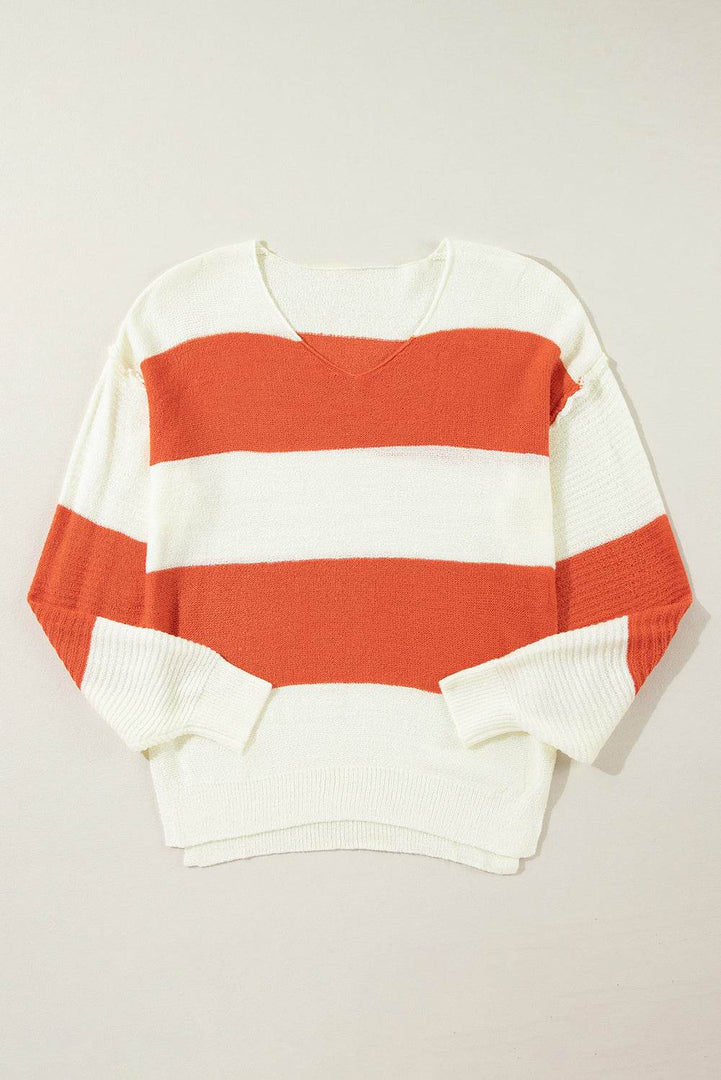 Orange Stripe Loose Color Block Drop Shoulder Bubble Sleeve Sweater - Fashion Queen -  4