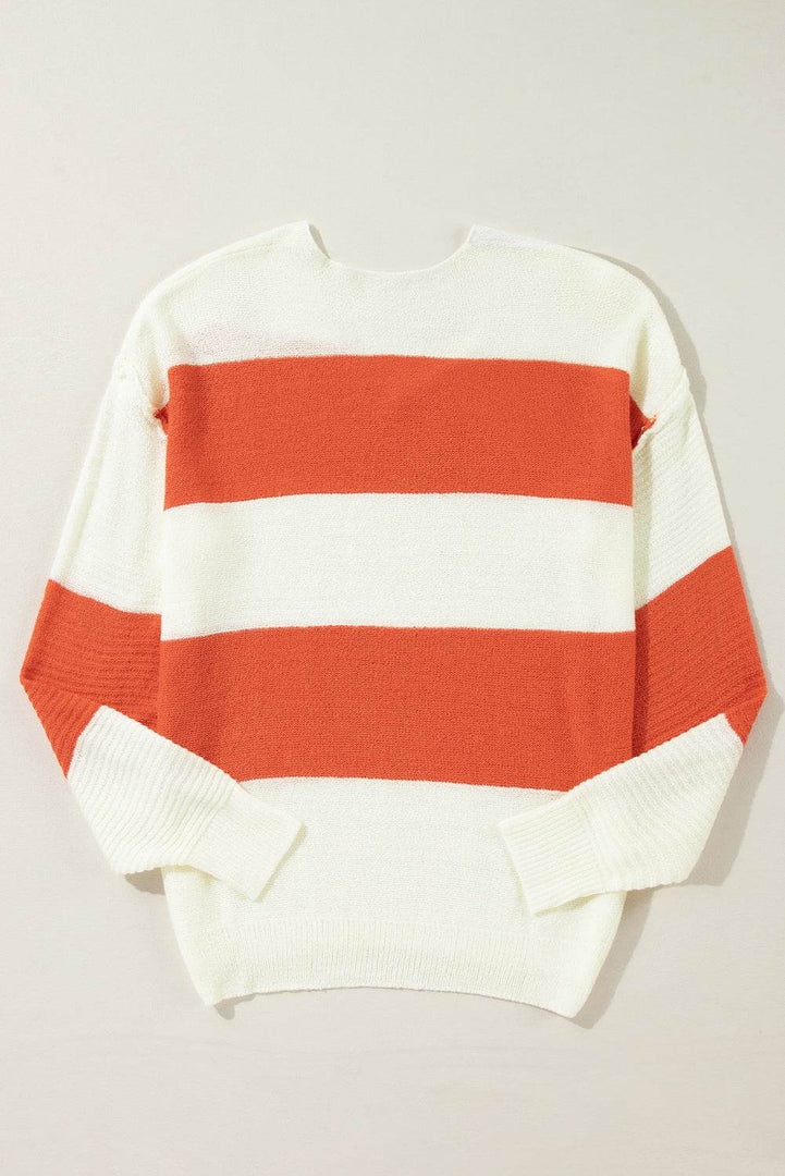 Orange Stripe Loose Color Block Drop Shoulder Bubble Sleeve Sweater - Fashion Queen -  5
