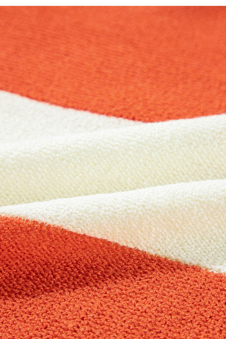 Orange Stripe Loose Color Block Drop Shoulder Bubble Sleeve Sweater - Fashion Queen -  6