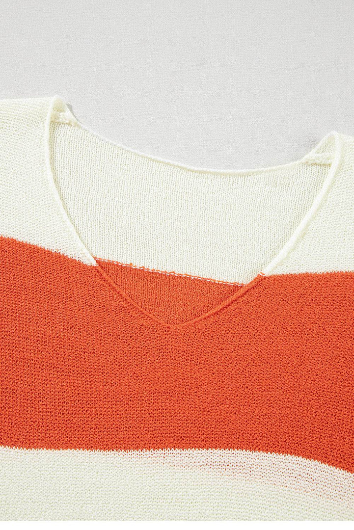 Orange Stripe Loose Color Block Drop Shoulder Bubble Sleeve Sweater - Fashion Queen -  9