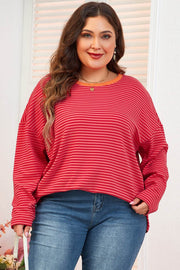 Orange Stripe Plus Size Drop Shoulder Long Sleeve Buttoned Decor Top - Fashion Queen -  1