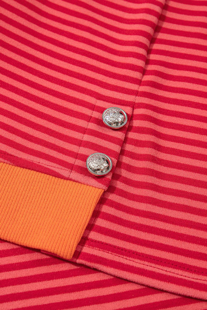 Orange Stripe Plus Size Drop Shoulder Long Sleeve Buttoned Decor Top - Fashion Queen -  11