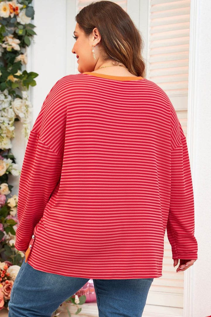 Orange Stripe Plus Size Drop Shoulder Long Sleeve Buttoned Decor Top - Fashion Queen -  2
