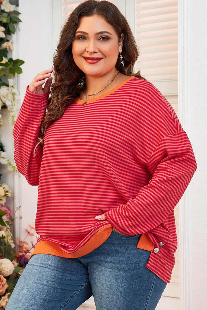 Orange Stripe Plus Size Drop Shoulder Long Sleeve Buttoned Decor Top - Fashion Queen -  3