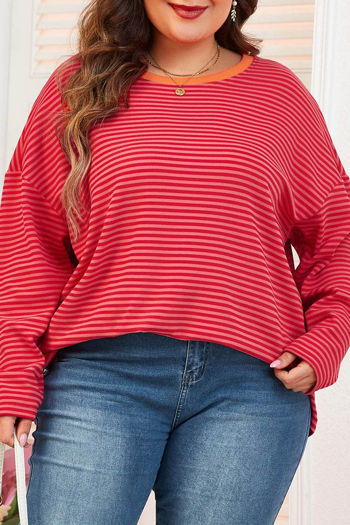 Orange Stripe Plus Size Drop Shoulder Long Sleeve Buttoned Decor Top - Fashion Queen -  6