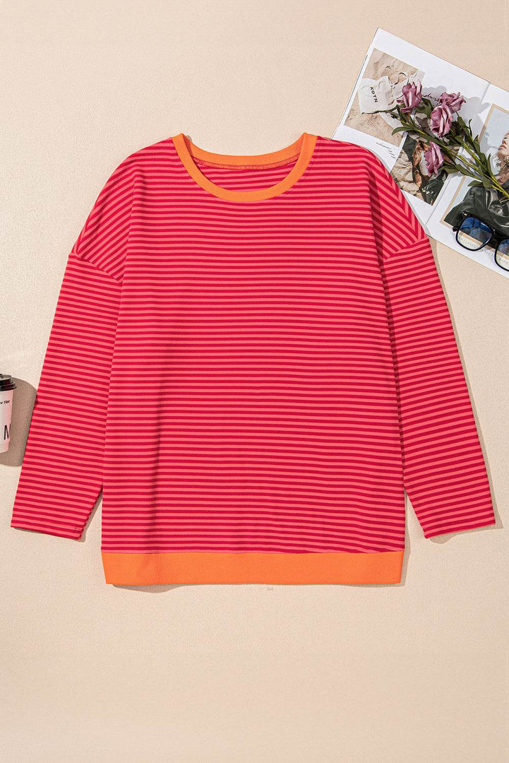 Orange Stripe Plus Size Drop Shoulder Long Sleeve Buttoned Decor Top - Fashion Queen -  8