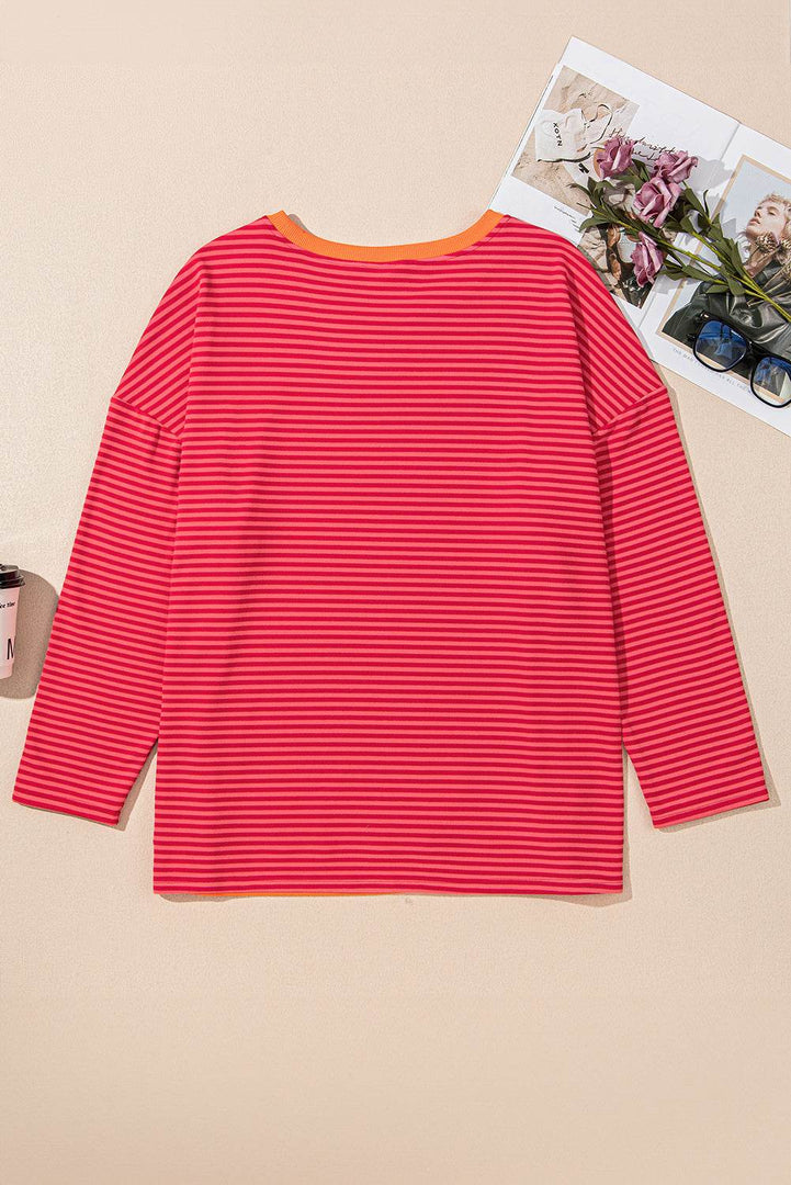 Orange Stripe Plus Size Drop Shoulder Long Sleeve Buttoned Decor Top - Fashion Queen -  9