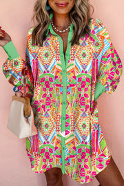 Orange Western Geometric Print Cuffed Shift Shirt Dress - Fashion Queen -  1