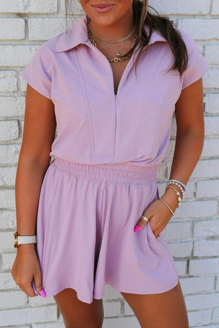 Orchid Bouquet Short Sleeve Zipper Collared Elastic High Waist Romper - Fashion Queen -  1