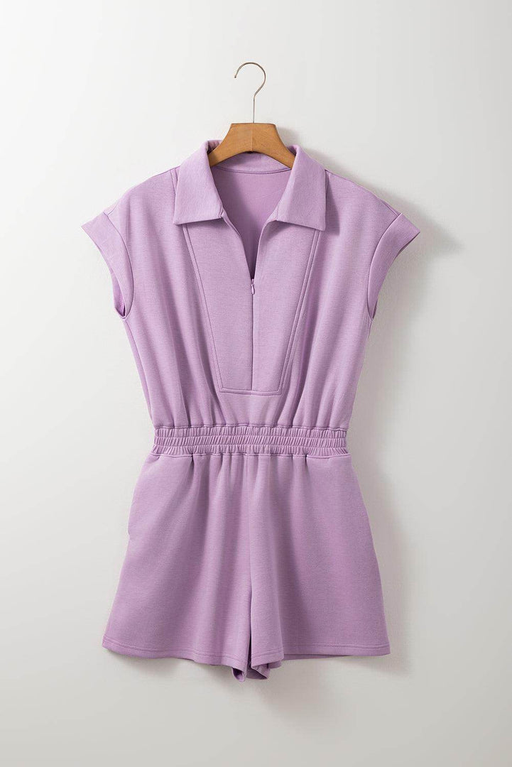 Orchid Bouquet Short Sleeve Zipper Collared Elastic High Waist Romper - Fashion Queen -  4