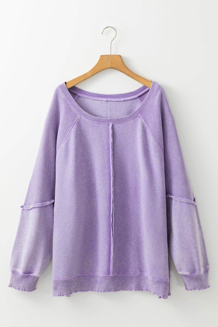 Orchid Petal Textured Patchwork Frilled Trim Plus Size Pullover Sweatshirt - Fashion Queen -  11