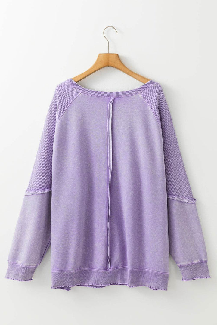 Orchid Petal Textured Patchwork Frilled Trim Plus Size Pullover Sweatshirt - Fashion Queen -  12