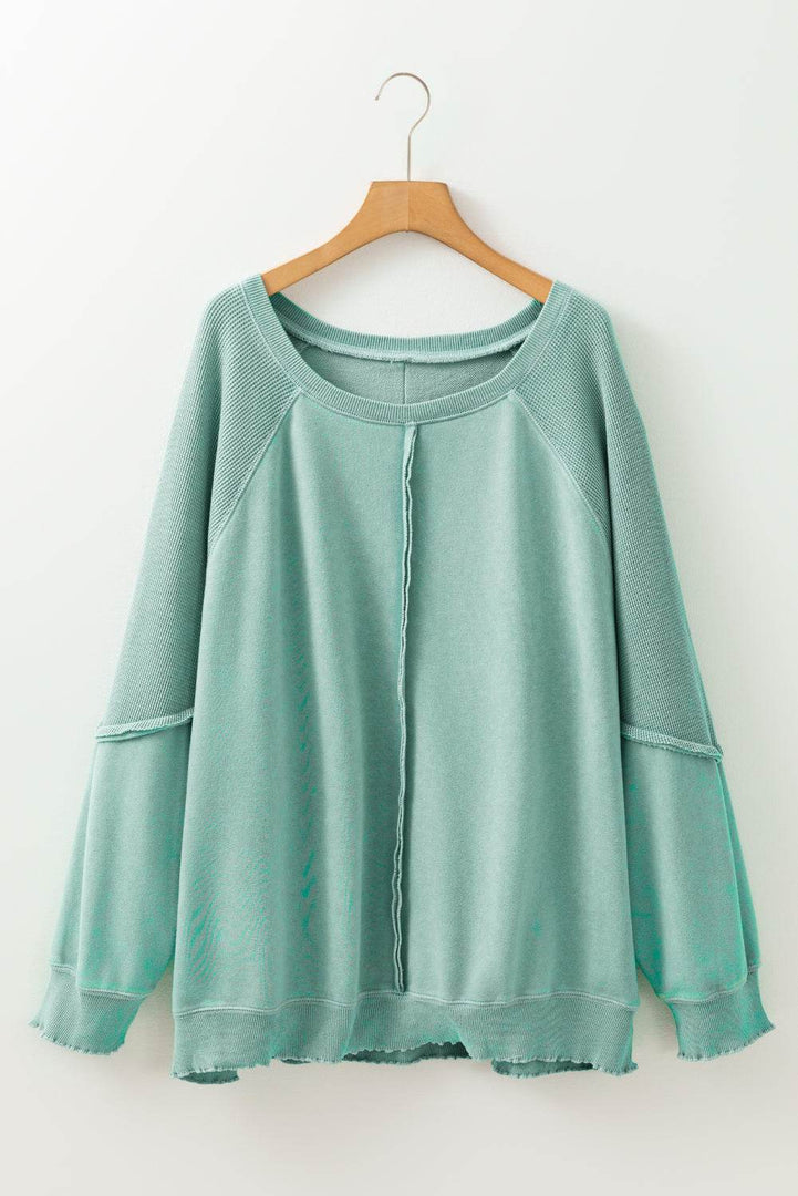 Orchid Petal Textured Patchwork Frilled Trim Plus Size Pullover Sweatshirt - Fashion Queen -  6