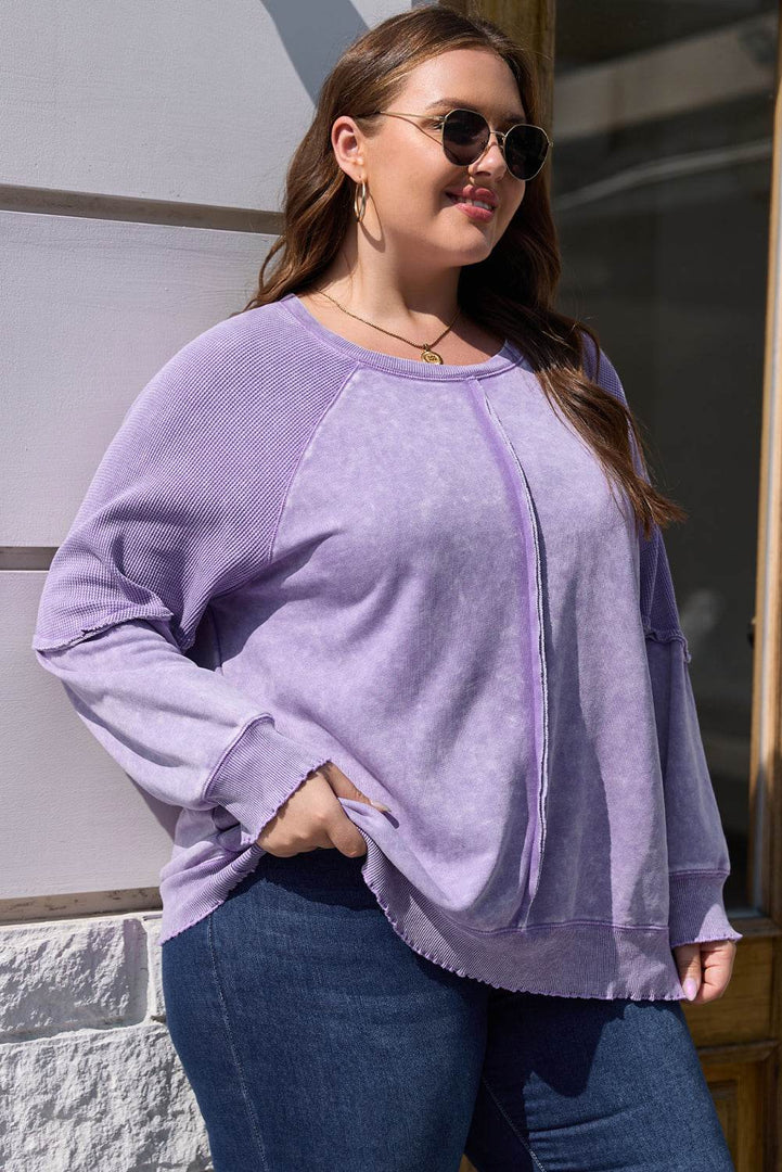 Orchid Petal Textured Patchwork Frilled Trim Plus Size Pullover Sweatshirt - Fashion Queen -  7