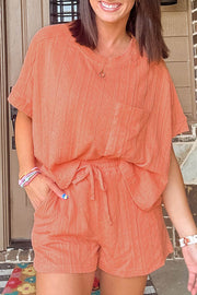Pale Chestnut Textured Patched Pocket Short Sleeve Top Drawstring Shorts Set - Fashion Queen -  1