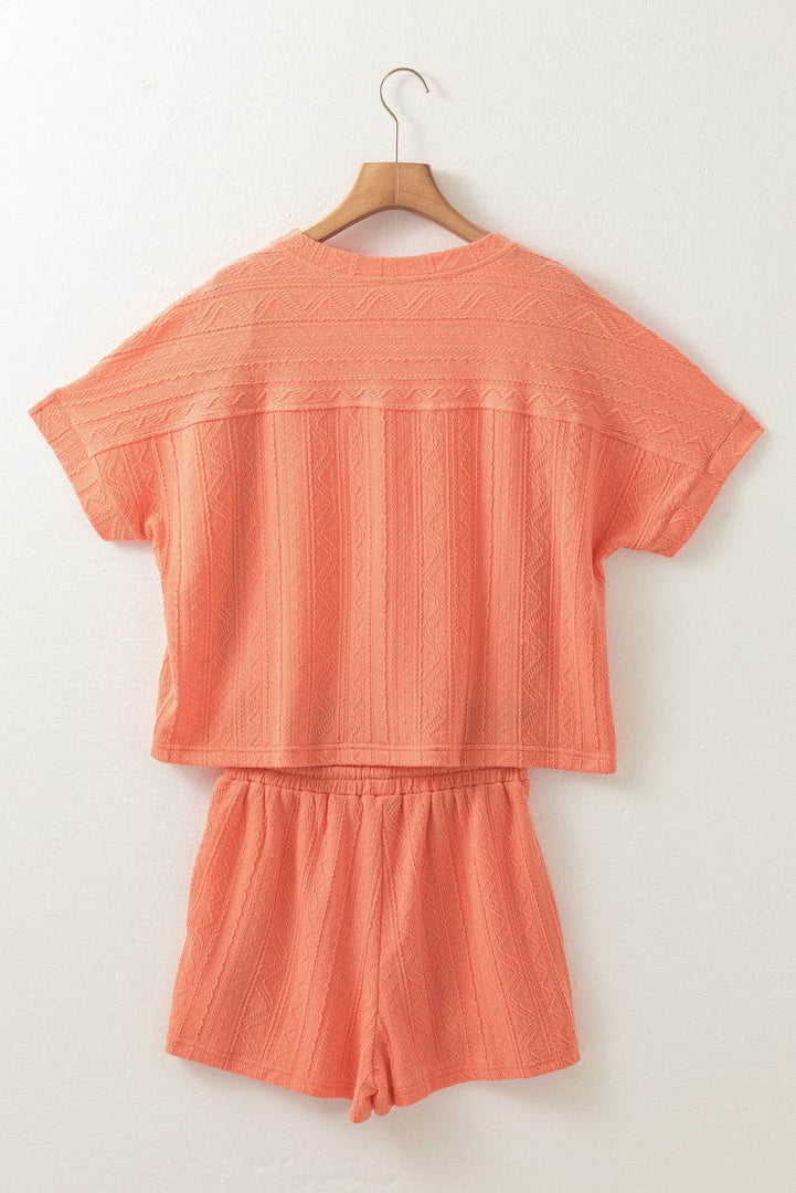 Pale Chestnut Textured Patched Pocket Short Sleeve Top Drawstring Shorts Set - Fashion Queen -  10