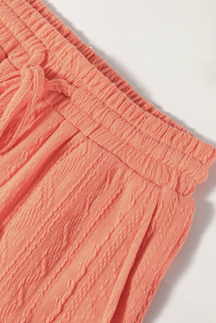 Pale Chestnut Textured Patched Pocket Short Sleeve Top Drawstring Shorts Set - Fashion Queen -  11