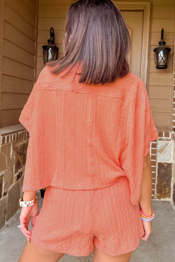 Pale Chestnut Textured Patched Pocket Short Sleeve Top Drawstring Shorts Set - Fashion Queen -  2