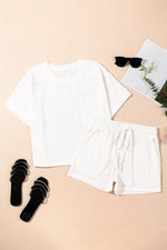 Load image into Gallery viewer, Pale Chestnut Textured Patched Pocket Short Sleeve Top Drawstring Shorts Set - Fashion Queen -  20
