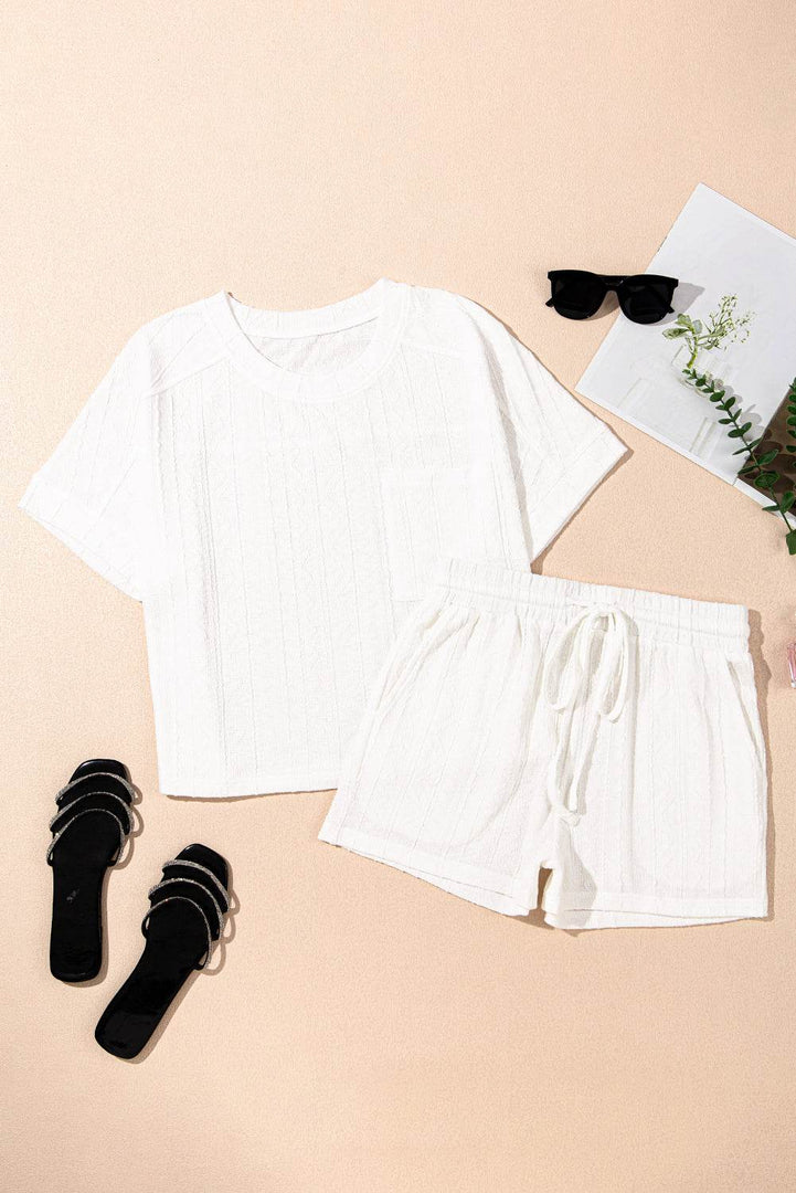 Pale Chestnut Textured Patched Pocket Short Sleeve Top Drawstring Shorts Set - Fashion Queen -  20