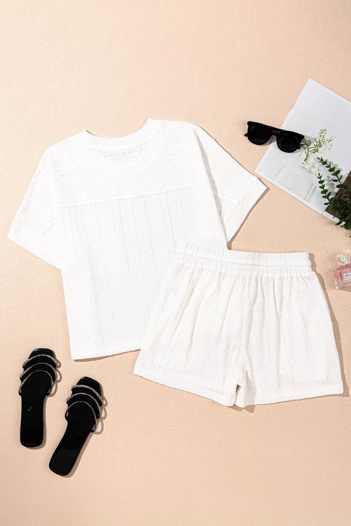 Pale Chestnut Textured Patched Pocket Short Sleeve Top Drawstring Shorts Set - Fashion Queen -  21