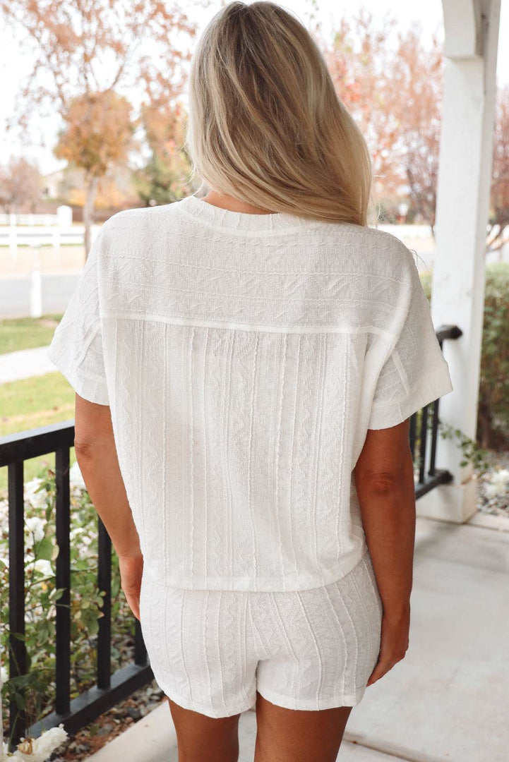Pale Chestnut Textured Patched Pocket Short Sleeve Top Drawstring Shorts Set - Fashion Queen -  5