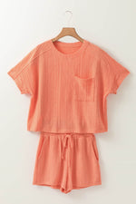 Load image into Gallery viewer, Pale Chestnut Textured Patched Pocket Short Sleeve Top Drawstring Shorts Set - Fashion Queen -  9
