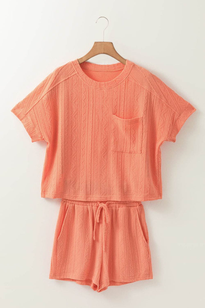 Pale Chestnut Textured Patched Pocket Short Sleeve Top Drawstring Shorts Set - Fashion Queen -  9