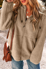 Load image into Gallery viewer, Pale Khaki Fleece Zip Up Drawstring Hooded Pocketed Jacket - Fashion Queen -  12
