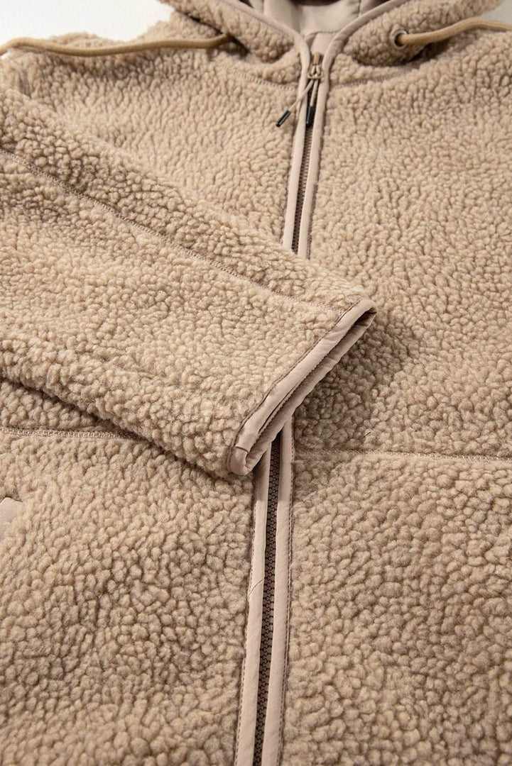 Pale Khaki Fleece Zip Up Drawstring Hooded Pocketed Jacket - Fashion Queen -  16