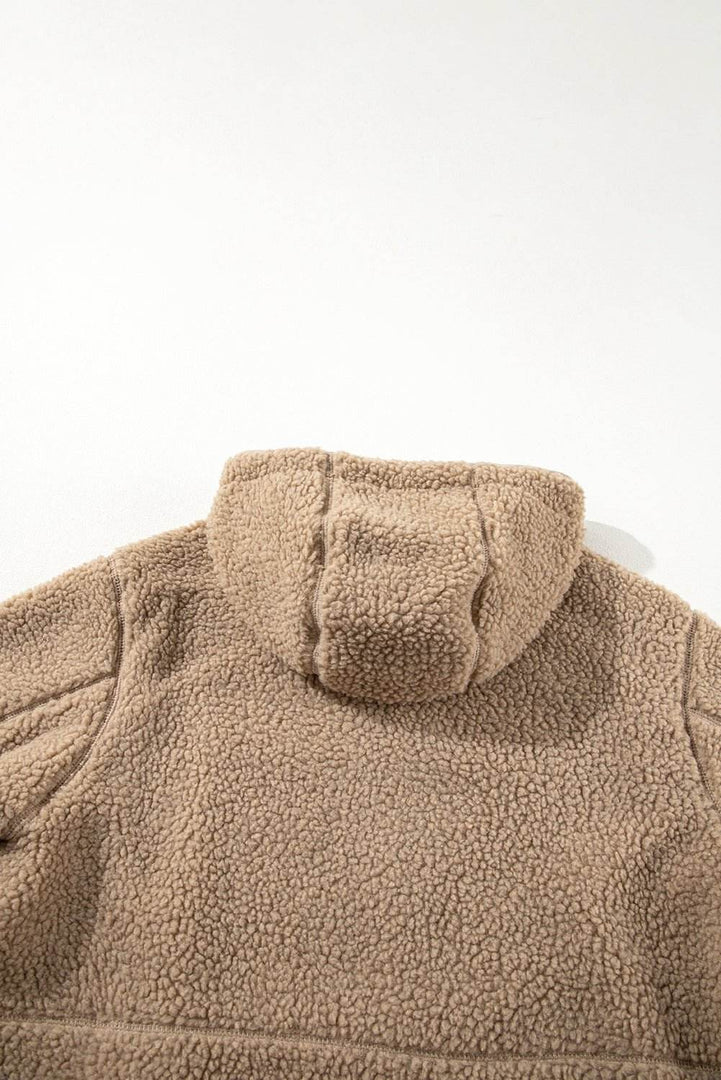 Pale Khaki Fleece Zip Up Drawstring Hooded Pocketed Jacket - Fashion Queen -  18