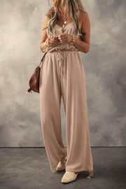 Pale Khaki Knotted Straps Button Textured Drawstring Jumpsuit - Fashion Queen -  1