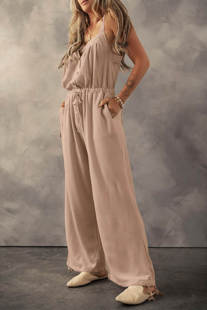 Pale Khaki Knotted Straps Button Textured Drawstring Jumpsuit - Fashion Queen -  3